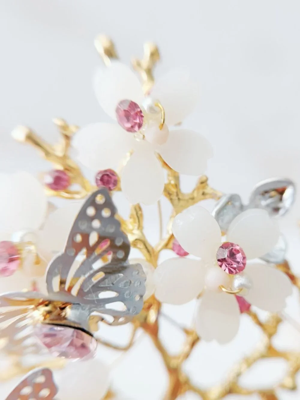 Pink Crystal Butterfly Crown, Gold Floral Tiara, Wedding Bridal Headpiece